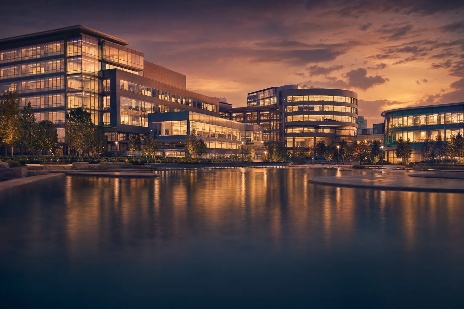 A modern enterprise campus at dusk mirrored in still water, office lights glowing warm under a plum-violet sky